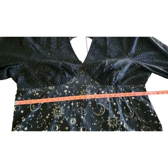 Neon Rose Moon Print Constellation Sheer Bell Sleeve Midi Dress Black Sz 28 - Picture 6 of 8